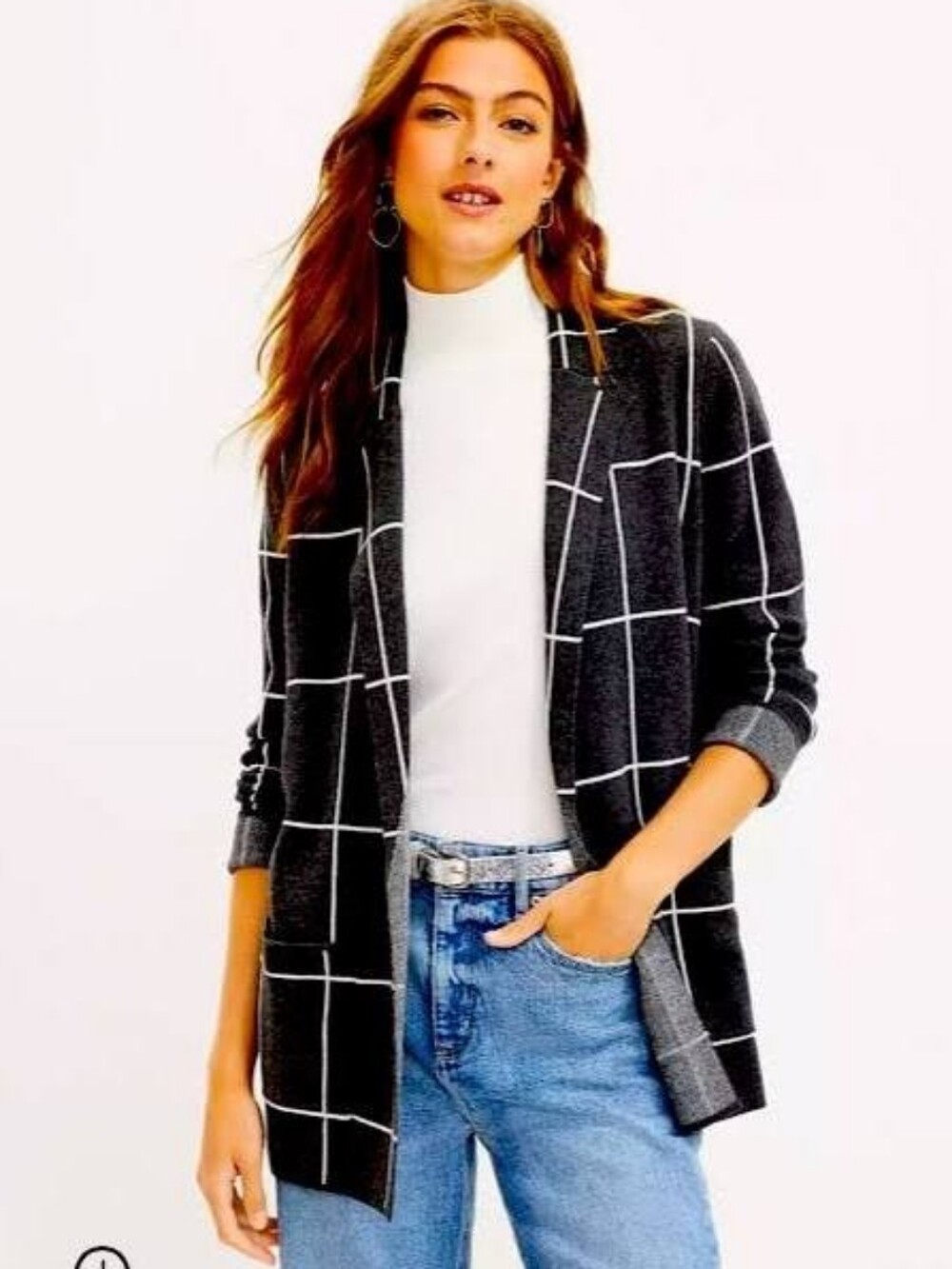 LOFT Navy Plaid Sweater Cardigan Jacket